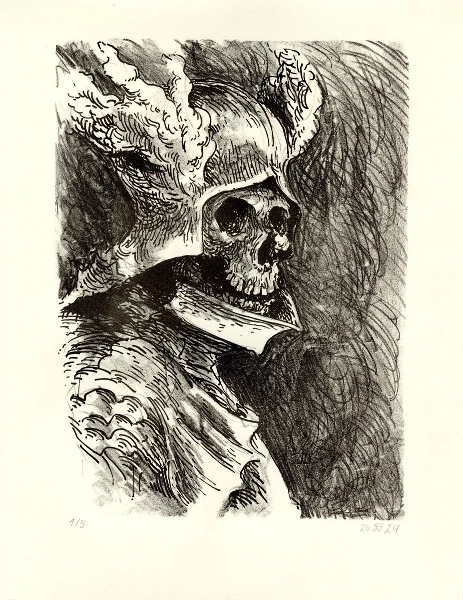 Illustration: Totenschädel unter einem Helm, als Lithografie gedruckt