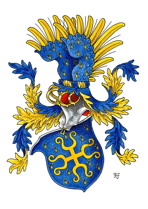 Vollwappen in Blau und Gold mit Federbusch