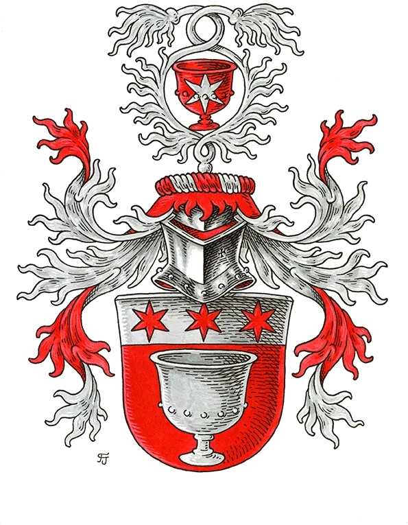 Rot-silbernes Vollwappen mit Pokal und drei Sternen