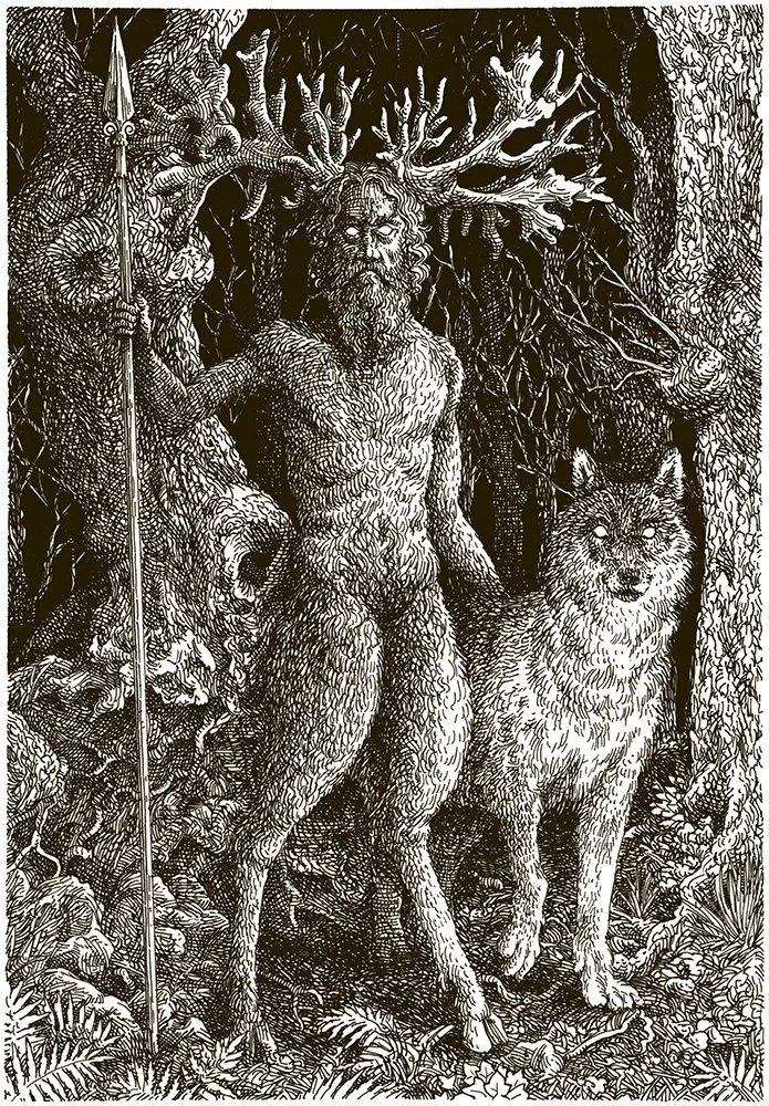 Illustration: Gestalt mit Geweih und Speer, an ihrer Seite ein Wolf, in Tusche