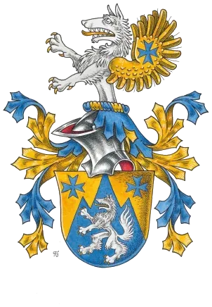 Blau-goldenes Vollwappen mit silbernem Wolf und Sternen