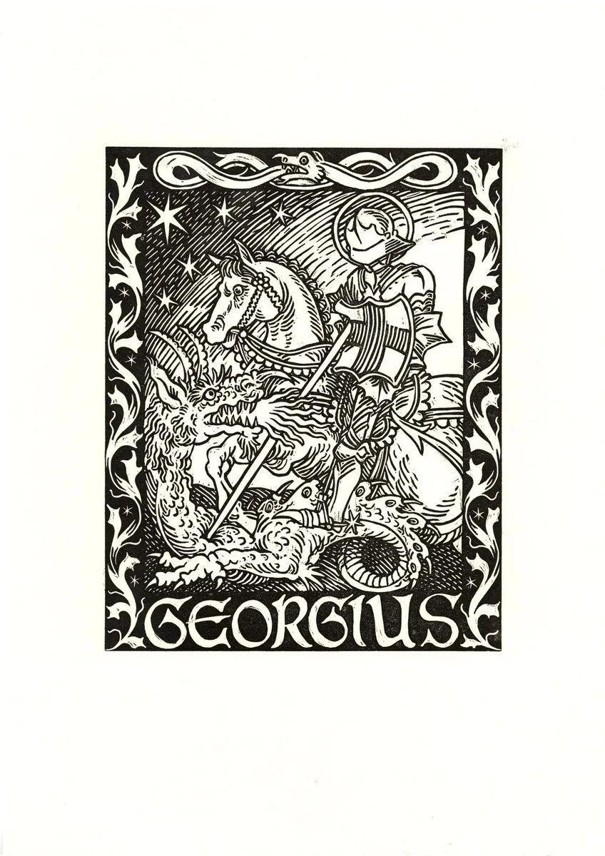 Illustration: Der heilige Georg zu Pferd im Kampf mit dem Drachen, gerahmt, mit dem Schriftzug Georgius