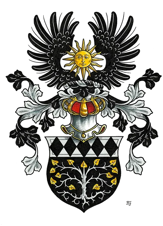 Vollwappen mit goldener Sonne zwischen schwarzen Flügeln und einem Baum im Schild