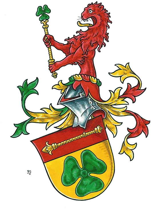 Vollwappen mit grünem Kleeblatt im goldenen Schild, roter Löwe mit Zepter als Helmzier