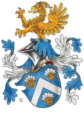 Vollwappen mit silbernem Sparren und Muscheln im blauen Schild, goldener Löwe als Helmzier