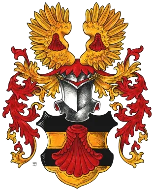 Vollwappen mit roter Muschel im schwarz-goldenen Schild und zwei Flügeln als Helmzier
