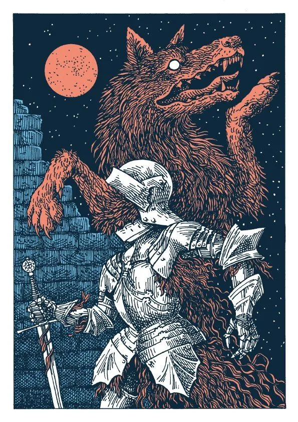 Illustration: Ritter in Rüstung vor einem Werwolf unter rotem Mond