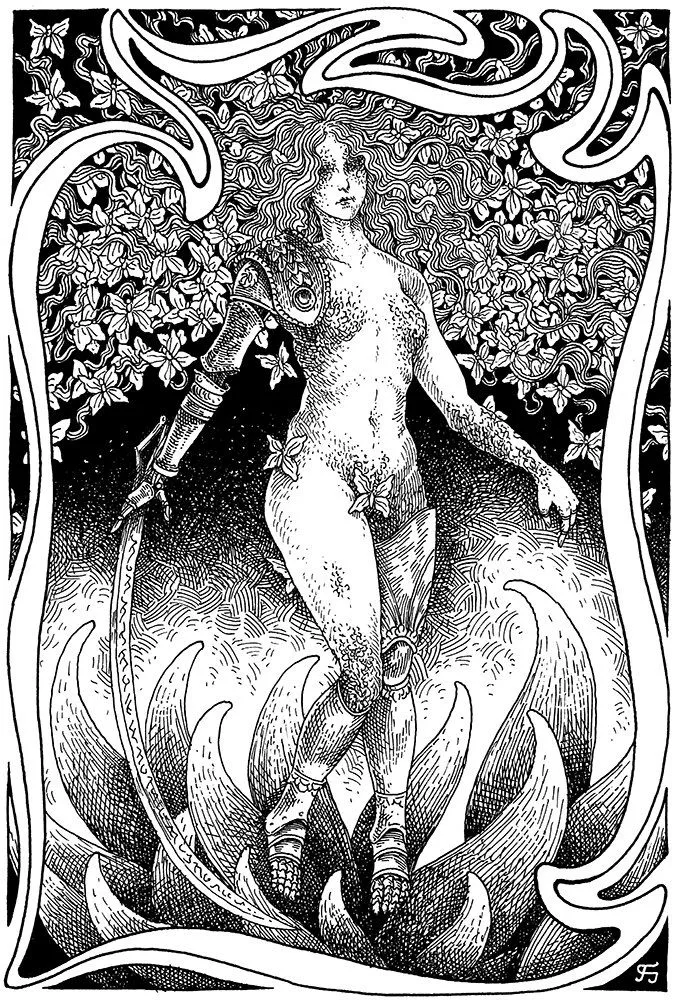 Illustration: Frauengestalt mit Schwert, die aus Flammen steigt, im Jugendstil-Rahmen