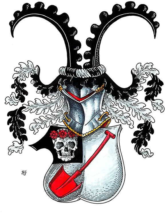 Vollwappen mit Totenkopf und Spaten im Schild, schwarze Büffelhörner als Helmzier