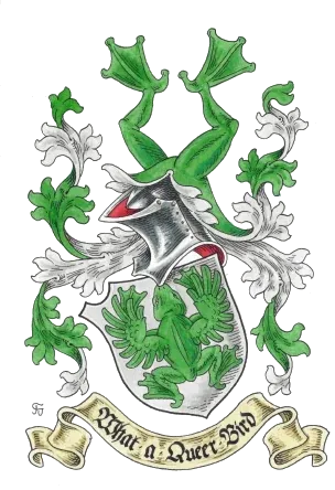 Vollwappen in Grün und Silber mit dem Wahlspruch What a Queer Bird