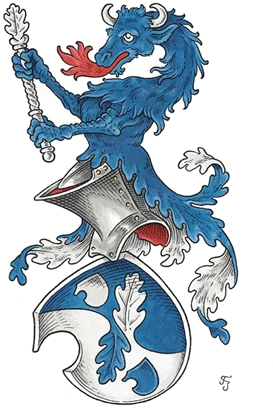 Vollwappen mit blauem Wolf und Keule als Helmzier