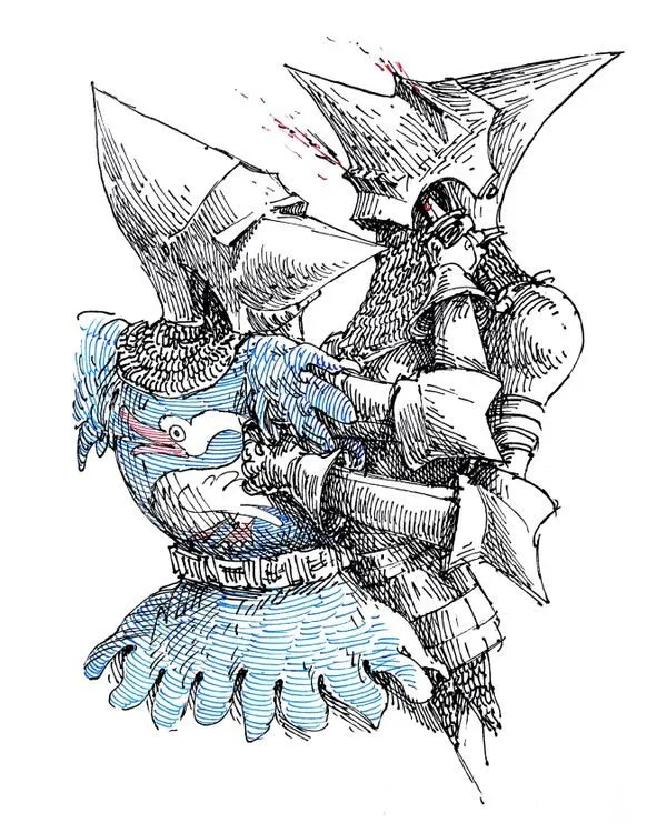 Illustration: Ritter im Kampf, blau laviert