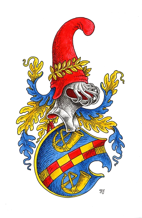 Vollwappen mit roter Zipfelmütze als Helmzier