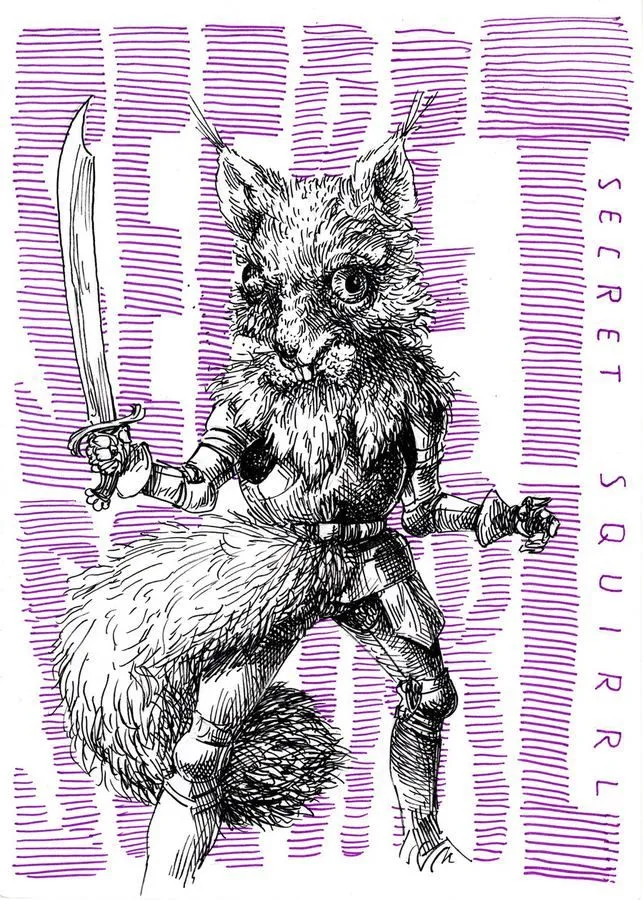 Illustration: Eichhörnchen-Krieger mit Schwert, Schriftzug Secret Squirrel