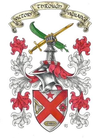 Vollwappen mit rotem Schrägkreuz, Schwert als Helmzier und dem Wahlspruch Victory through Vigilance