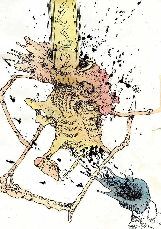 Illustration: groteske Gestalt mit Schwert in Gelb und Beige mit Tuschespritzern