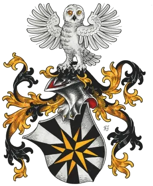 Vollwappen mit weißer Eule als Helmzier und goldenem Stern im Schild
