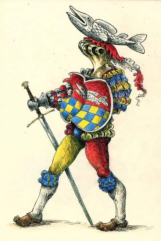 Illustration: Bunt gekleideter Landsknecht mit Schwert, Wappenschild und einem Fisch als Helmzier