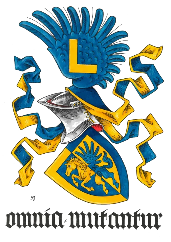 Vollwappen in Blau und Gold mit dem Wahlspruch Omnia mutantur