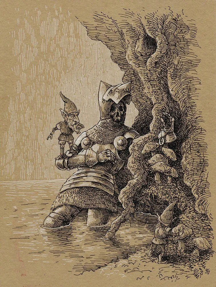 Illustration: Ritter mit kleinen Gestalten an einem knorrigen Baum, in Tusche auf braunem Papier