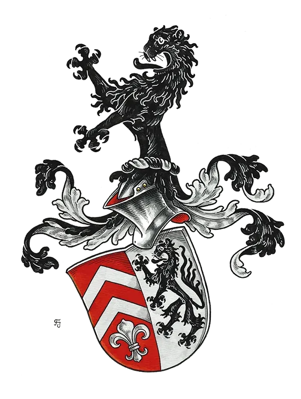 Vollwappen mit schwarzem Löwen als Helmzier