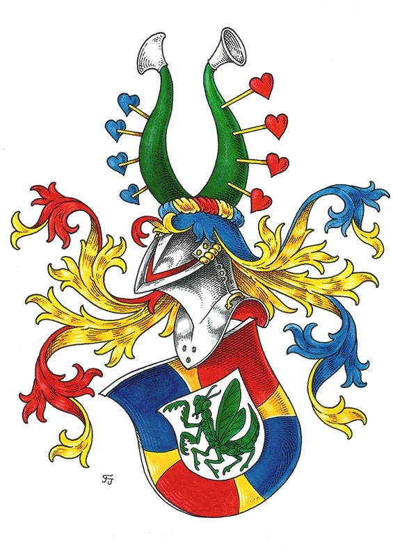 Vollwappen mit grünem Drachen im Schild und grünen Hörnern als Helmzier