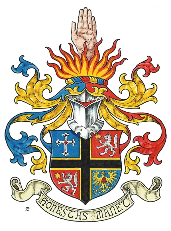 Geviertes Vollwappen mit Schwurhand und Wahlspruchband
