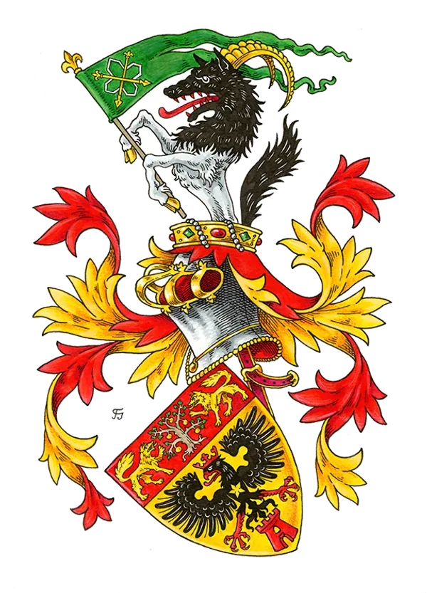Vollwappen mit Wolfskopf und grünem Banner