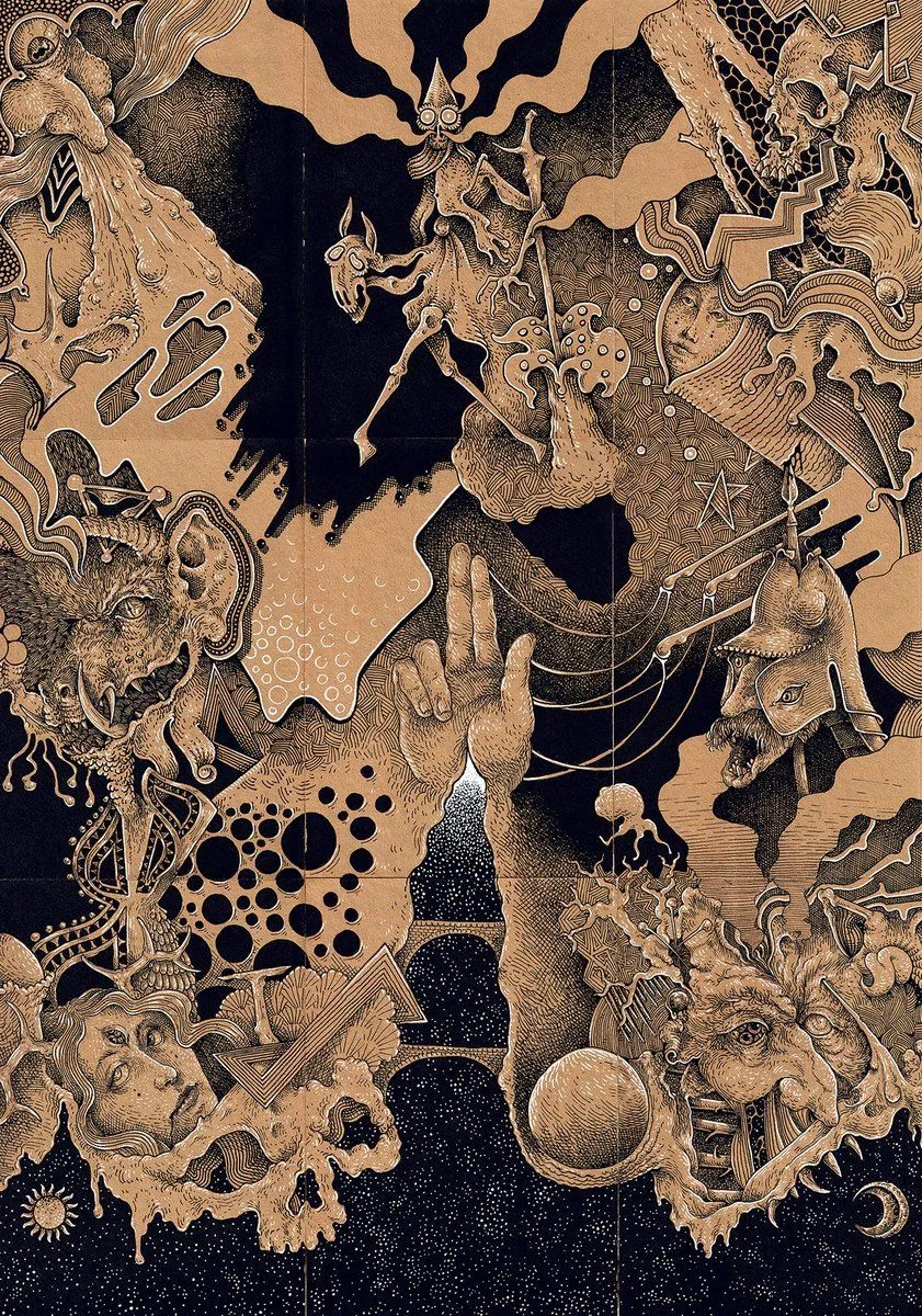 Illustration: Gestalten, Gesichter und Himmelskörper in Ocker auf Schwarz
