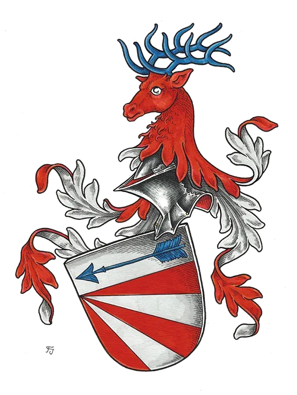 Vollwappen mit rotem Hirsch als Helmzier