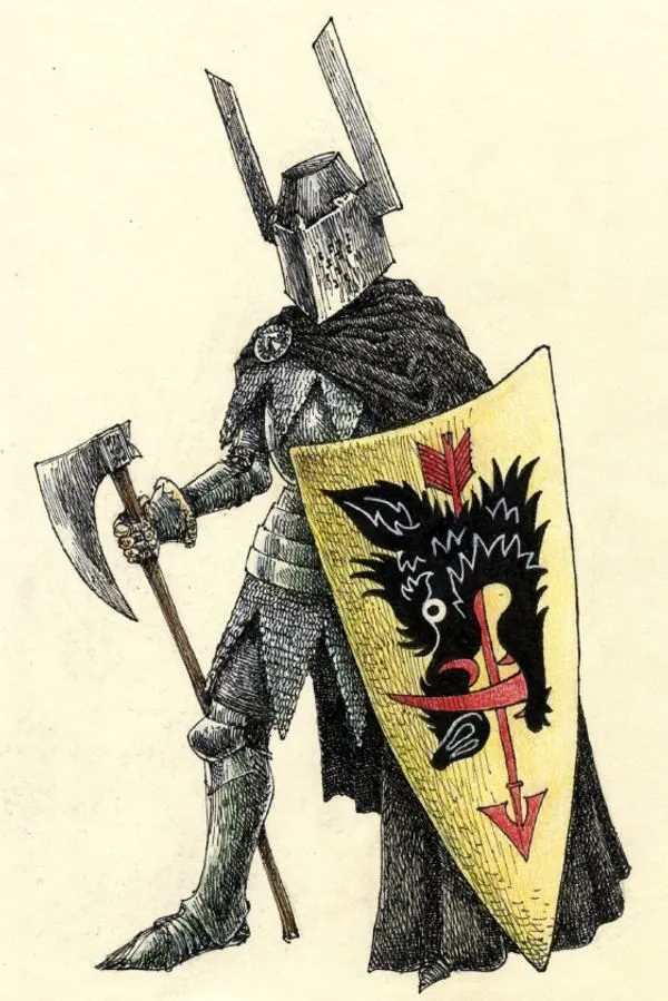 Illustration: Ritter in schwarzer Rüstung mit gelbem Schild