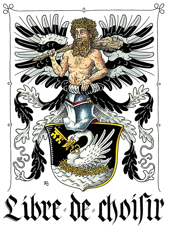 Gerahmtes Vollwappen mit wildem Mann als Helmzier, Schwan im Schild und dem Wahlspruch Libre de choisir