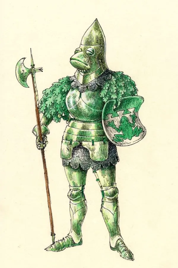 Illustration: Landsknecht in grüner Rüstung mit Hellebarde
