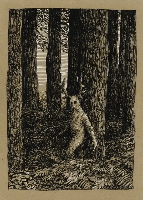 Illustration: Gestalt mit Geweih in einem dunklen Wald