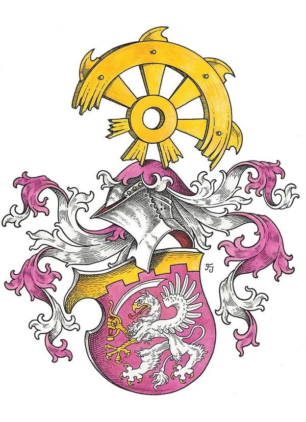 Vollwappen mit goldenem Rad als Helmzier und silbernem Greif im rosafarbenen Schild