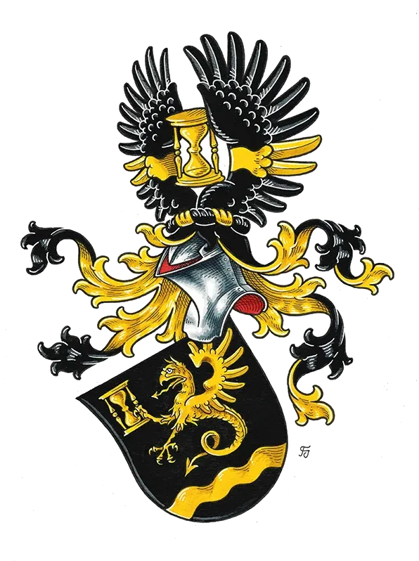 Schwarz-goldenes Vollwappen mit Lindwurm im Schild und schwarzem Flug als Helmzier