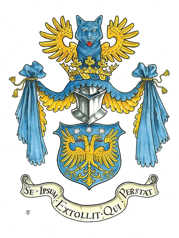 Vollwappen mit Doppeladler und Wahlspruchband