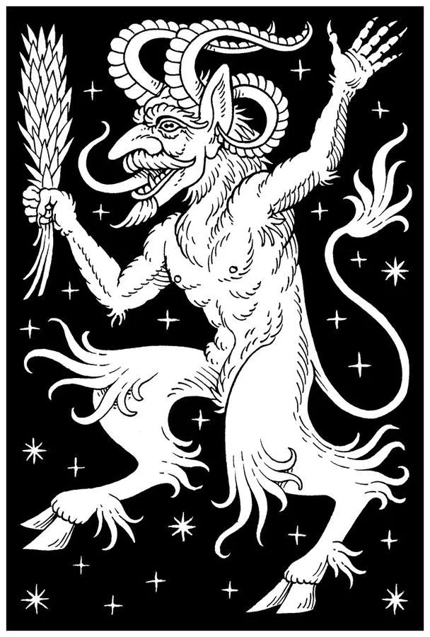 Illustration: weißer Krampus auf schwarzem Grund