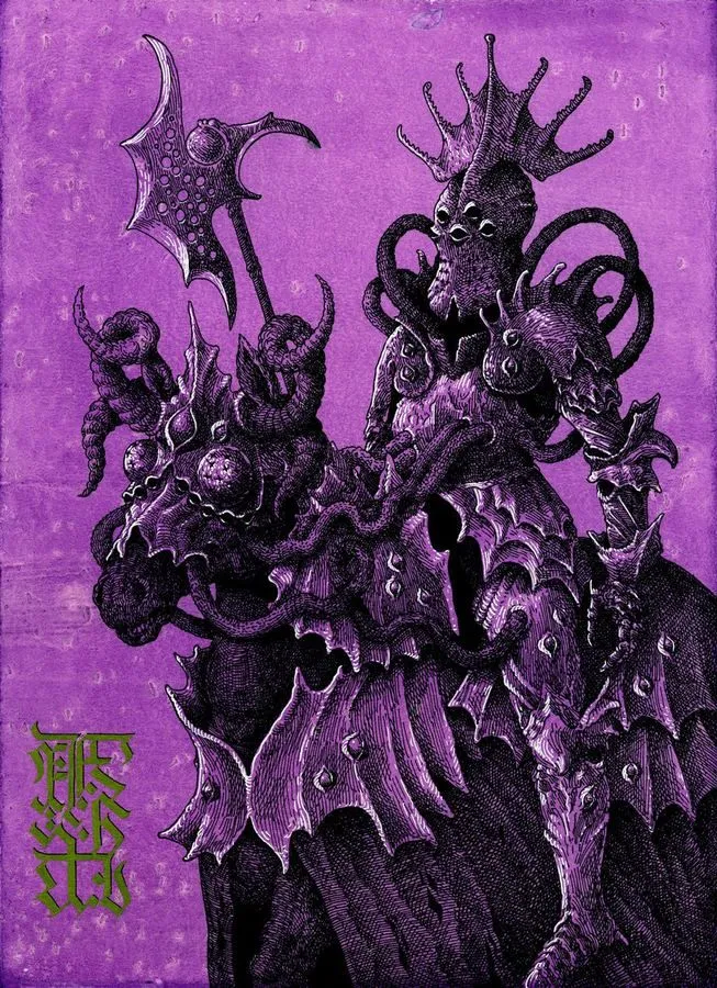 Illustration: gepanzerter Reiter in Violett und Schwarz
