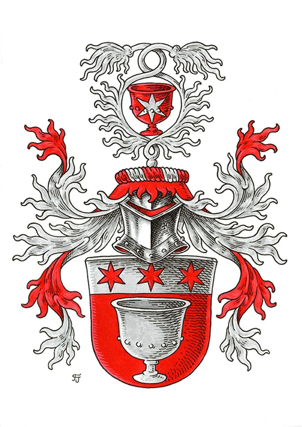 Dasselbe Wappen mit farbigen Tuschen koloriert: rot-silberner Schild mit Pokal und drei Sternen
