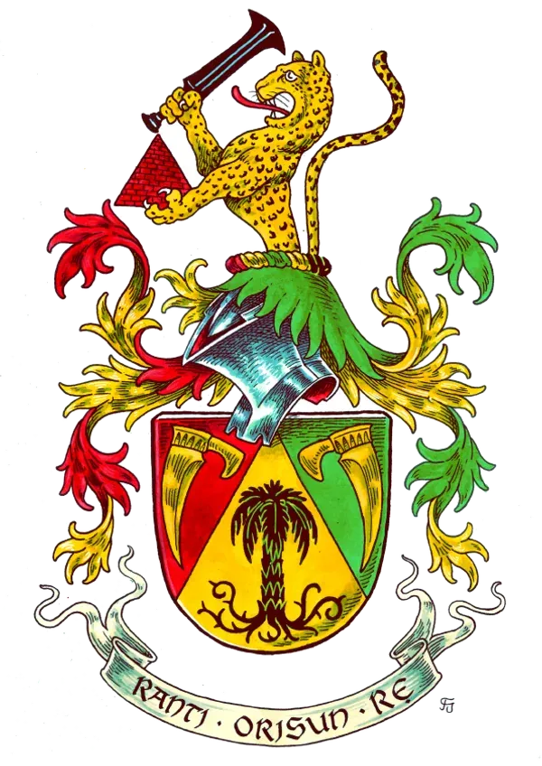 Vollwappen mit Leopard als Helmzier und Wahlspruchband