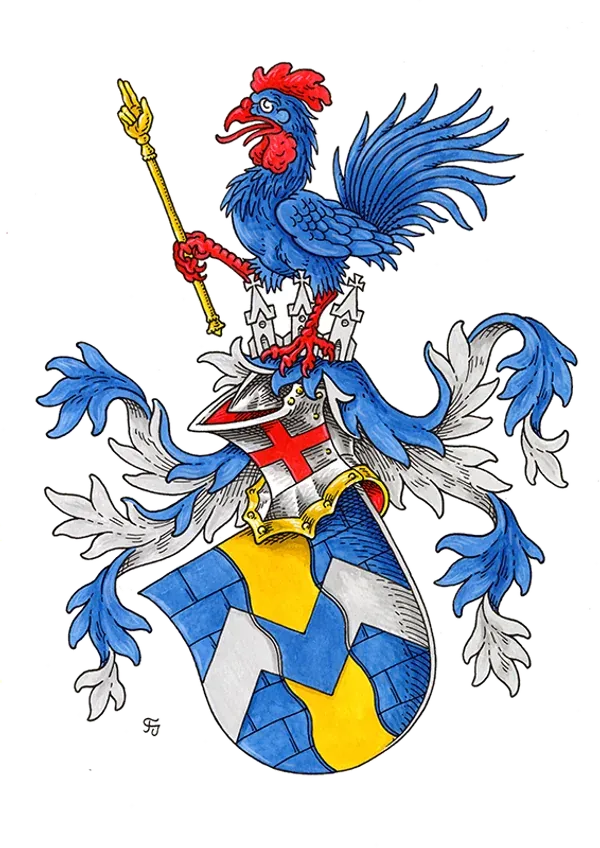 Vollwappen mit blauem Hahn als Helmzier