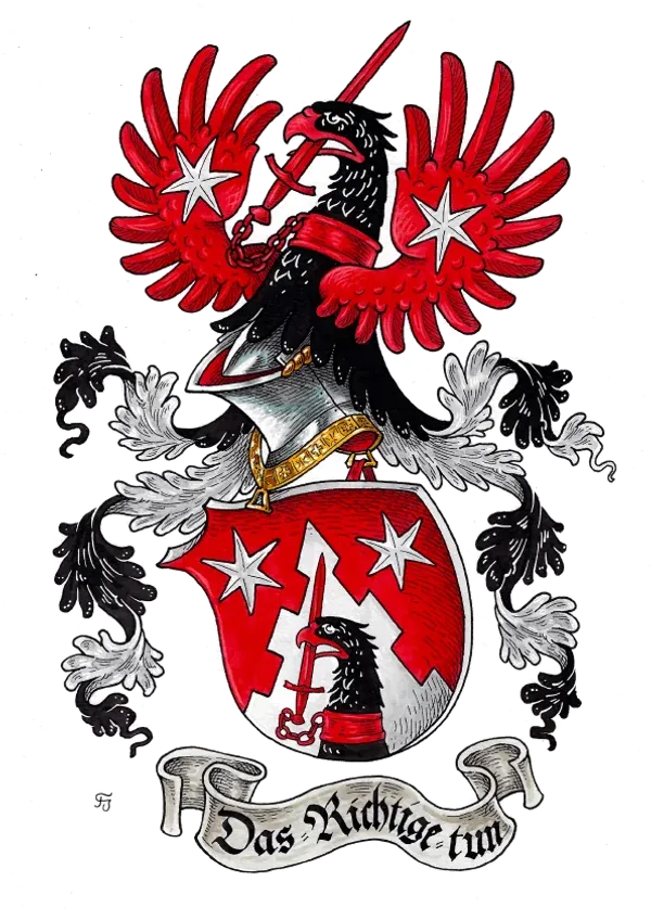 Vollwappen in Rot und Silber mit Sternen und Wahlspruchband