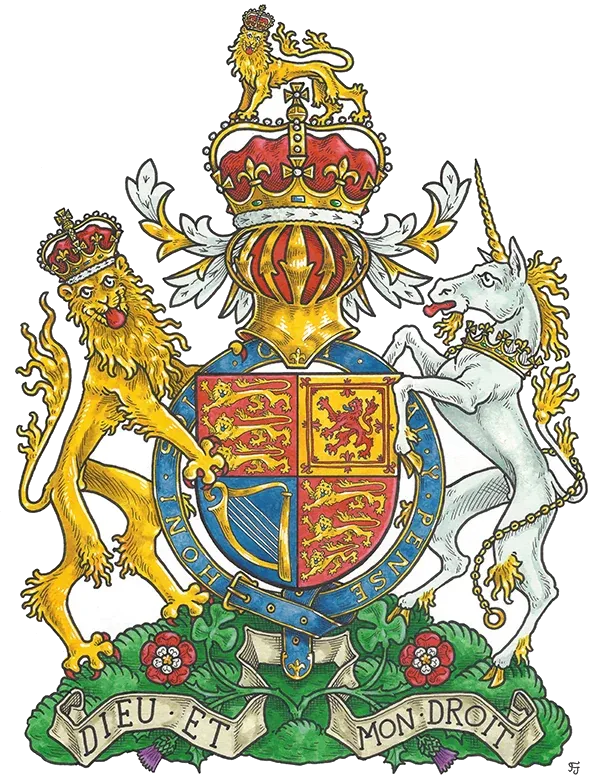 Das königliche Wappen des Vereinigten Königreichs mit Löwe, Einhorn und dem Wahlspruch Dieu et mon droit