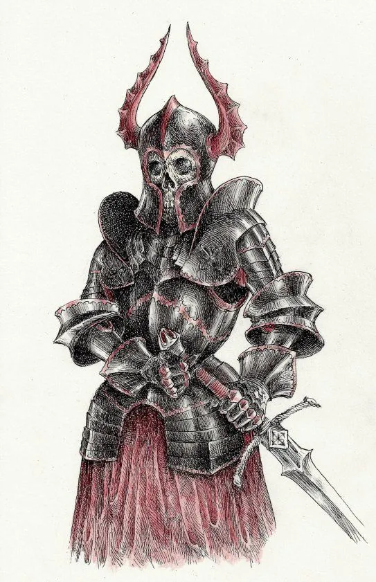 Illustration: Ritter in schwarzer Rüstung mit gehörntem Helm und rotem Rock