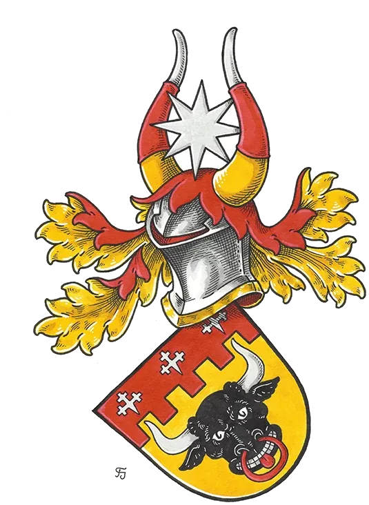 Vollwappen mit schwarzem Stierkopf im Schild und Stern zwischen Hörnern als Helmzier